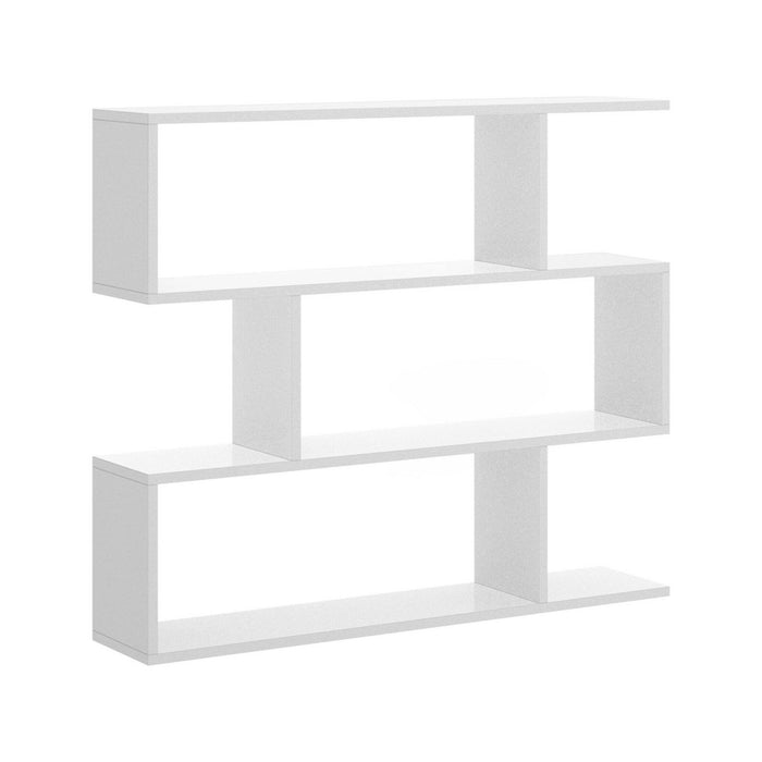 Libreria Dfanes, Mobile portalibri bassa bifacciale, Scaffale con tre scomparti, Scaffale moderno da ufficio, cm 110x24h97, Bianco lucido
