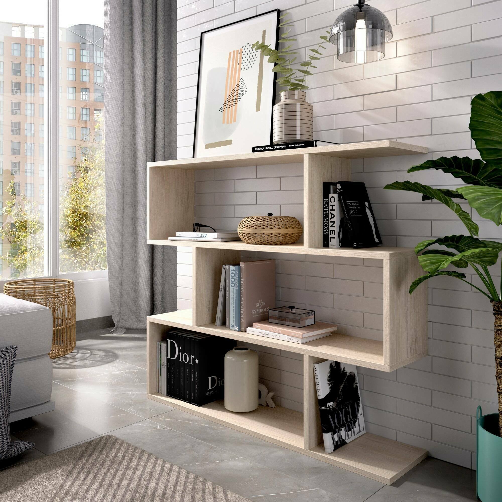 Libreria Dfanes, Mobile portalibri bassa bifacciale, Scaffale con tre scomparti, Scaffale moderno da ufficio, cm 110x25h97, Rovere