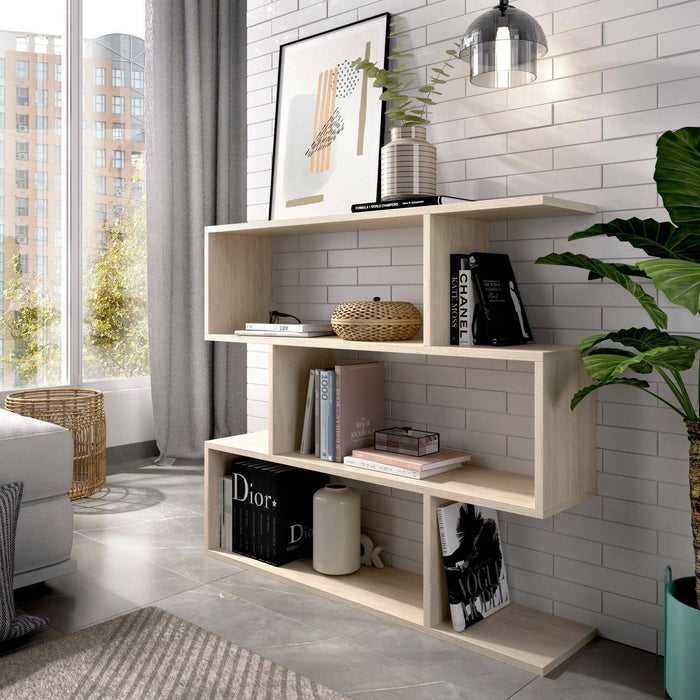 Libreria Dfanes, Mobile portalibri bassa bifacciale, Scaffale con tre scomparti, Scaffale moderno da ufficio, cm 110x25h97, Rovere