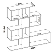 Libreria Damago, Mobile portalibri con 7 scomparti, Scaffale moderno da ufficio, Mobile da parete con ripiani, cm 145x29h145, Bianco e Rovere