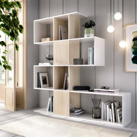 Libreria Damago, Mobile portalibri con 7 scomparti, Scaffale moderno da ufficio, Mobile da parete con ripiani, cm 145x29h145, Bianco e Rovere
