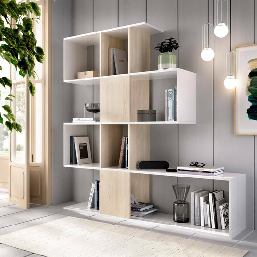 Libreria Damago, Mobile portalibri con 7 scomparti, Scaffale moderno da ufficio, Mobile da parete con ripiani, cm 145x29h145, Bianco e Rovere