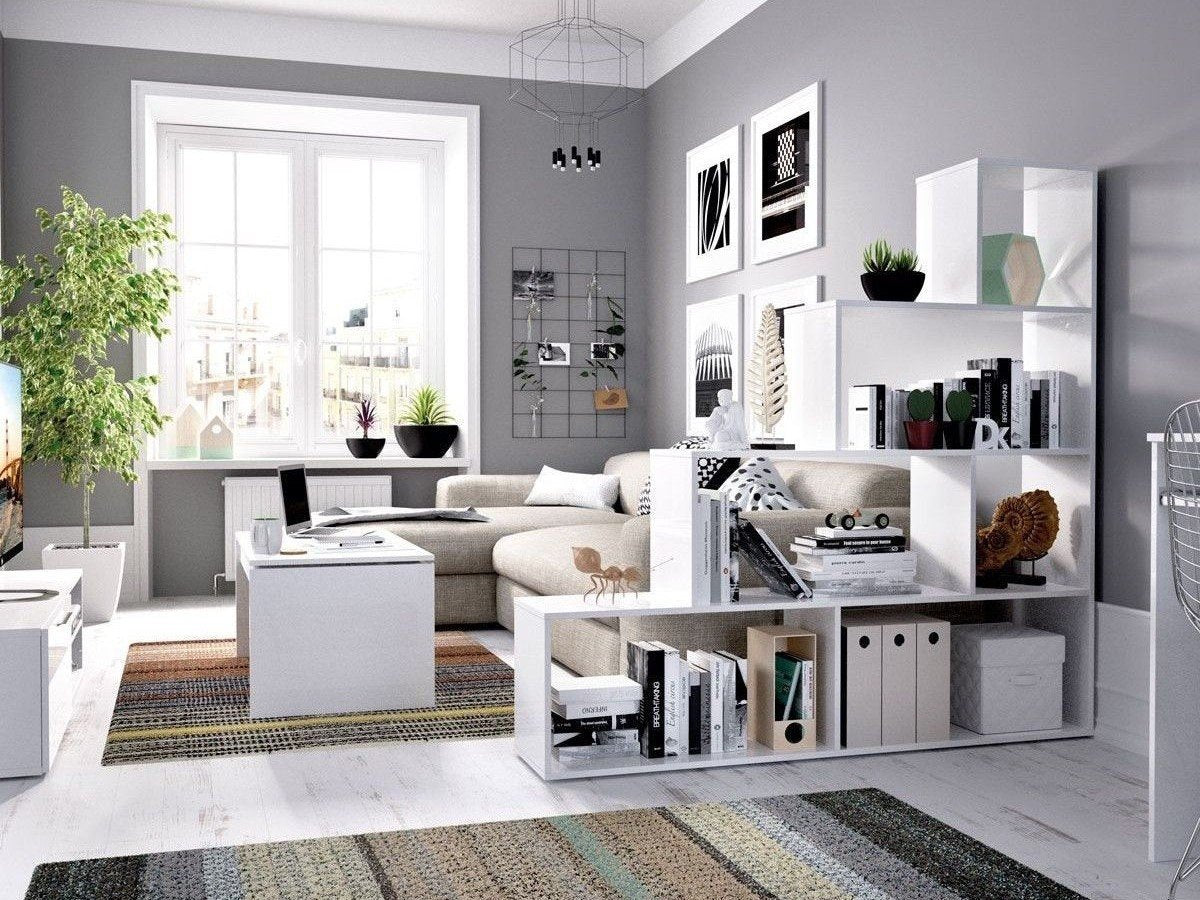 Libreria Dmorr, Mobile portalibri bifacciale a 6 scaffali, Scaffale divisorio con scomparti da ufficio, cm 145x29h145, Bianco lucido