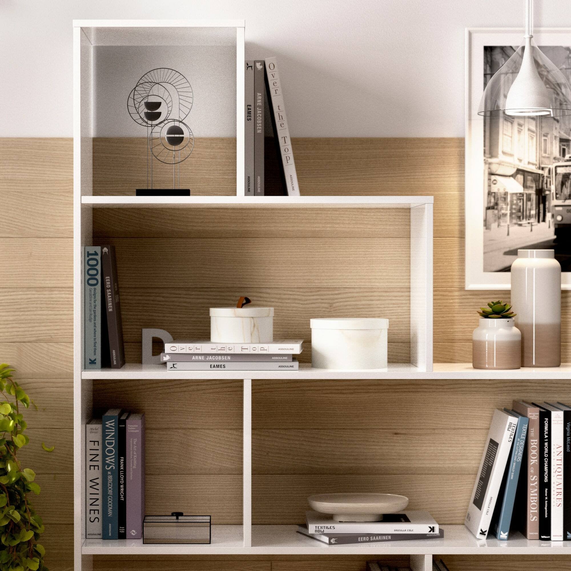 Libreria Dmorr, Mobile portalibri bifacciale a 6 scaffali, Scaffale divisorio con scomparti da ufficio, cm 145x29h145, Bianco lucido