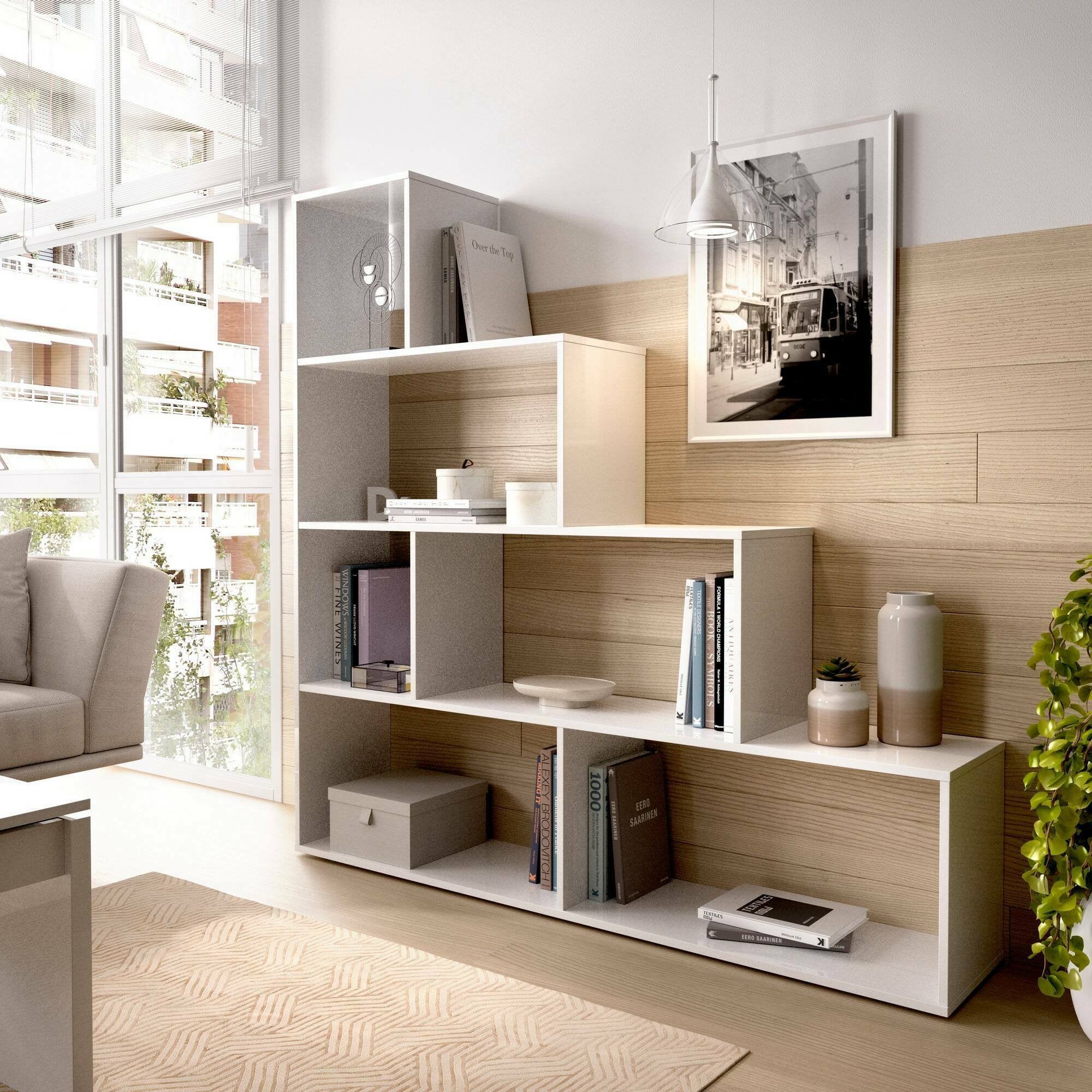 Libreria Dmorr, Mobile portalibri bifacciale a 6 scaffali, Scaffale divisorio con scomparti da ufficio, cm 145x29h145, Bianco lucido