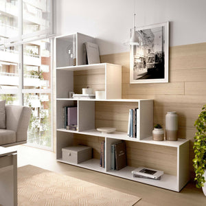 Libreria Dmorr, Mobile portalibri bifacciale a 6 scaffali, Scaffale divisorio con scomparti da ufficio, cm 145x29h145, Bianco lucido