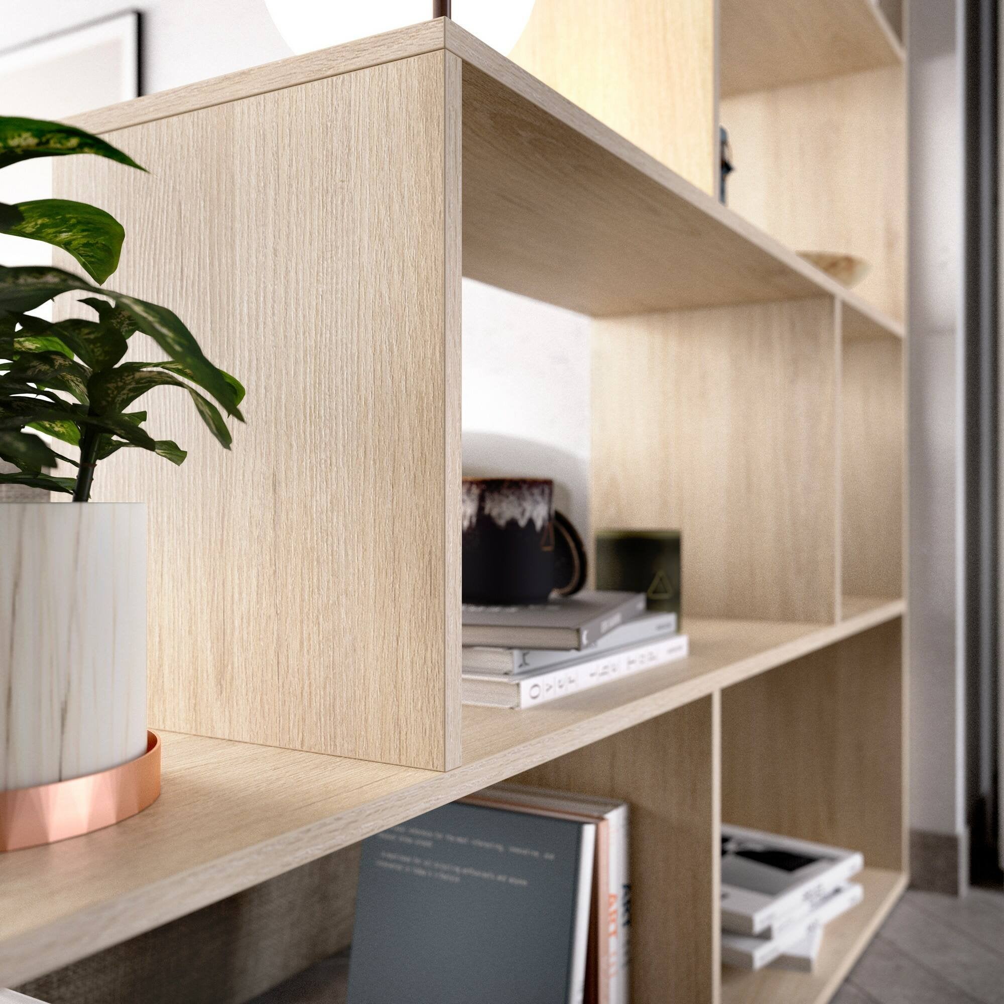 Libreria Dmorr, Mobile portalibri bifacciale a 6 scaffali, Scaffale divisorio con scomparti da ufficio, cm 145x29h145, Rovere