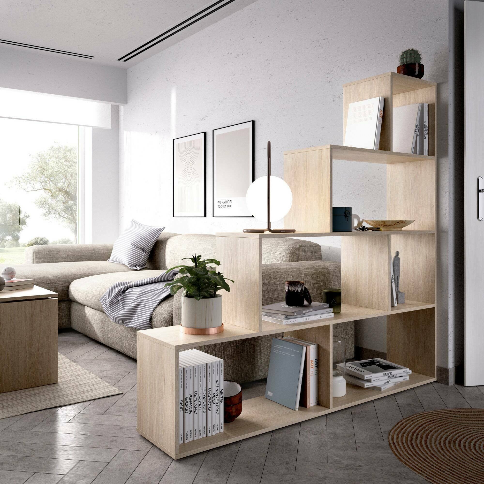 Libreria Dmorr, Mobile portalibri bifacciale a 6 scaffali, Scaffale divisorio con scomparti da ufficio, cm 145x29h145, Rovere