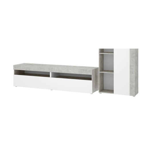 Parete attrezzata Aleu, Set da soggiorno componibile, Mobile salotto multiposizione, 265x42h180 cm, Bianco e Cemento