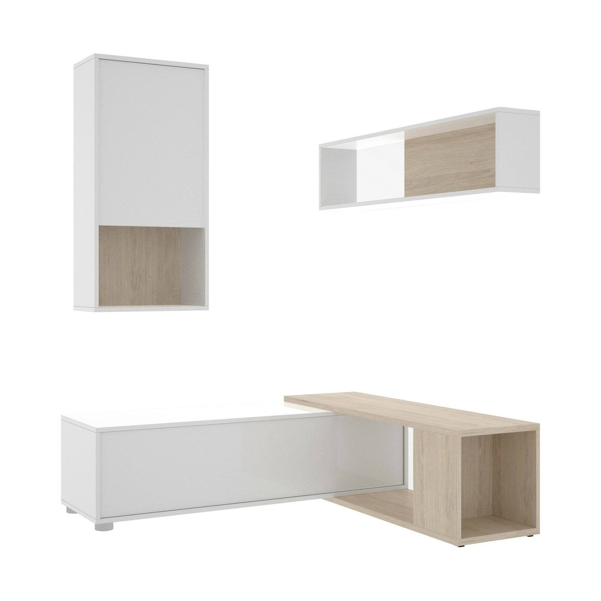 Parete attrezzata Fortuna, Set da soggiorno modulare ad angolo, Mobile salotto multiposizione, 230x41h180 cm, Bianco e Rovere