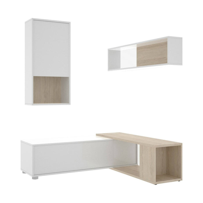 Parete attrezzata Fortuna, Set da soggiorno modulare ad angolo, Mobile salotto multiposizione, 230x41h180 cm, Bianco e Rovere