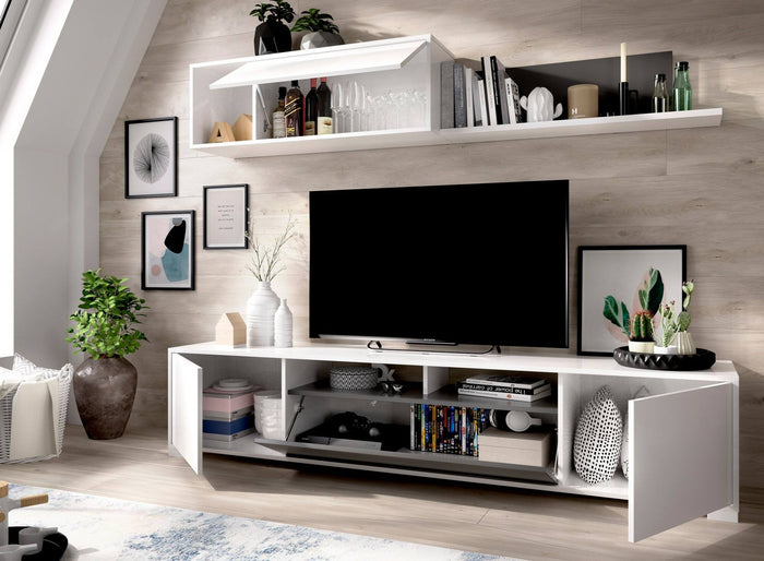 Parete attrezzata Abbete, Set da soggiorno porta TV, Mobile salotto multiuso, 200x41h180 cm, Bianco e Antracite