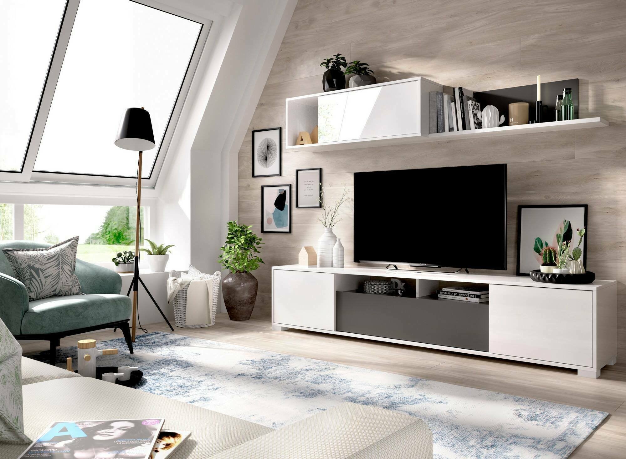 Parete attrezzata Abbete, Set da soggiorno porta TV, Mobile salotto multiuso, 200x41h180 cm, Bianco e Antracite