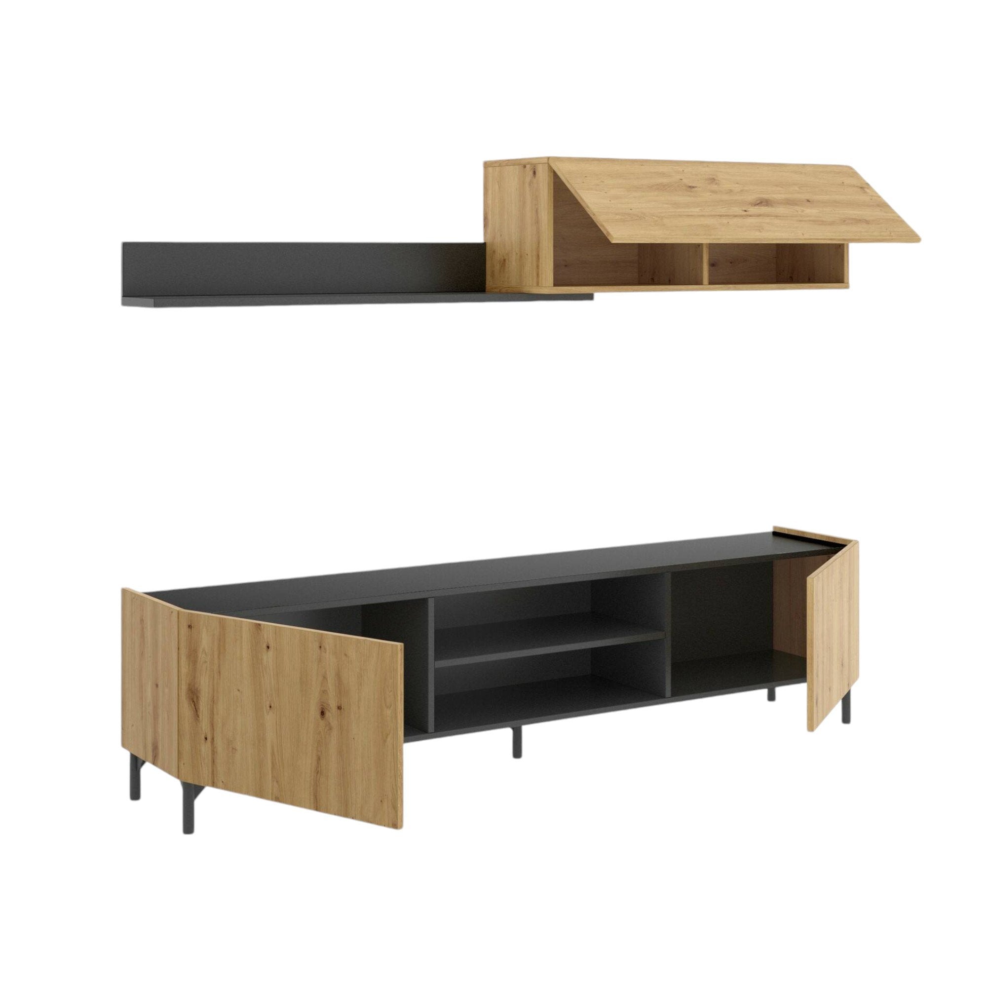 Parete attrezzata Ama, Set da soggiorno porta TV, Mobile salotto multiuso, 182x35h180 cm, Rovere Nodi e Antracite