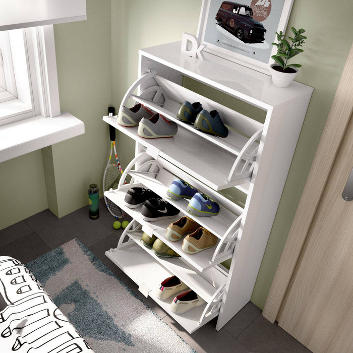 Scarpiera Algoor, Portascarpe salvaspazio da ingresso, Mobiletto porta scarpe a 3 ante a ribalta, 61x25h113 cm, Bianco