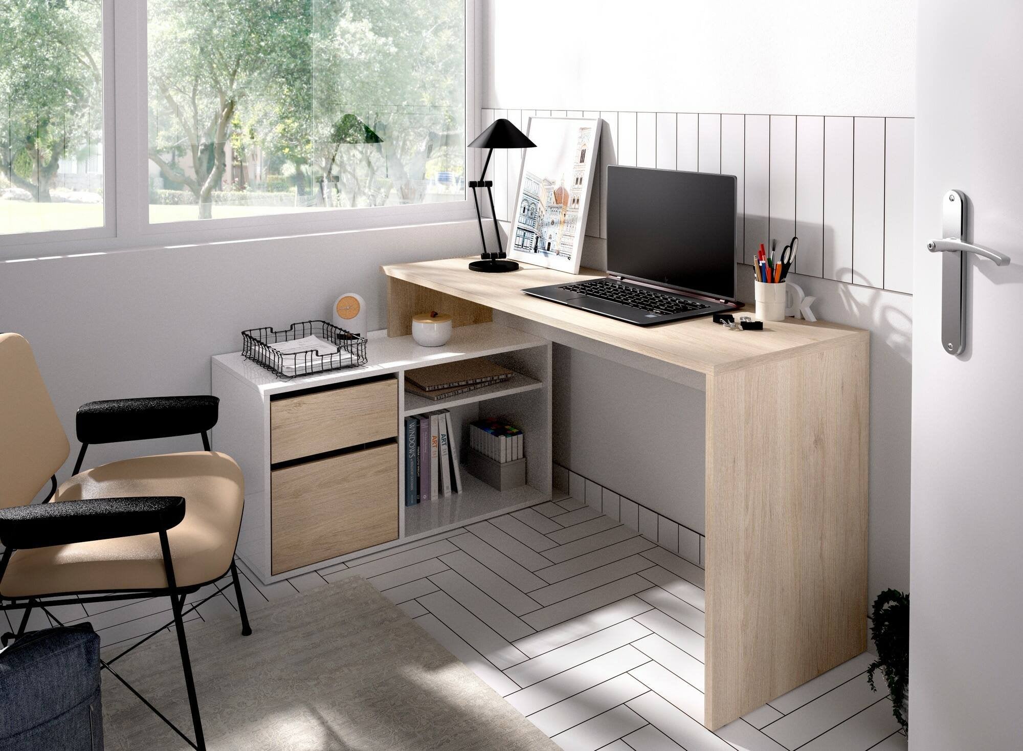 Scrivania Andor, Scrittoio multiposizione da ufficio o cameretta, Tavolo da studio angolare multiuso, 139x92h75 cm, Bianco e Rovere