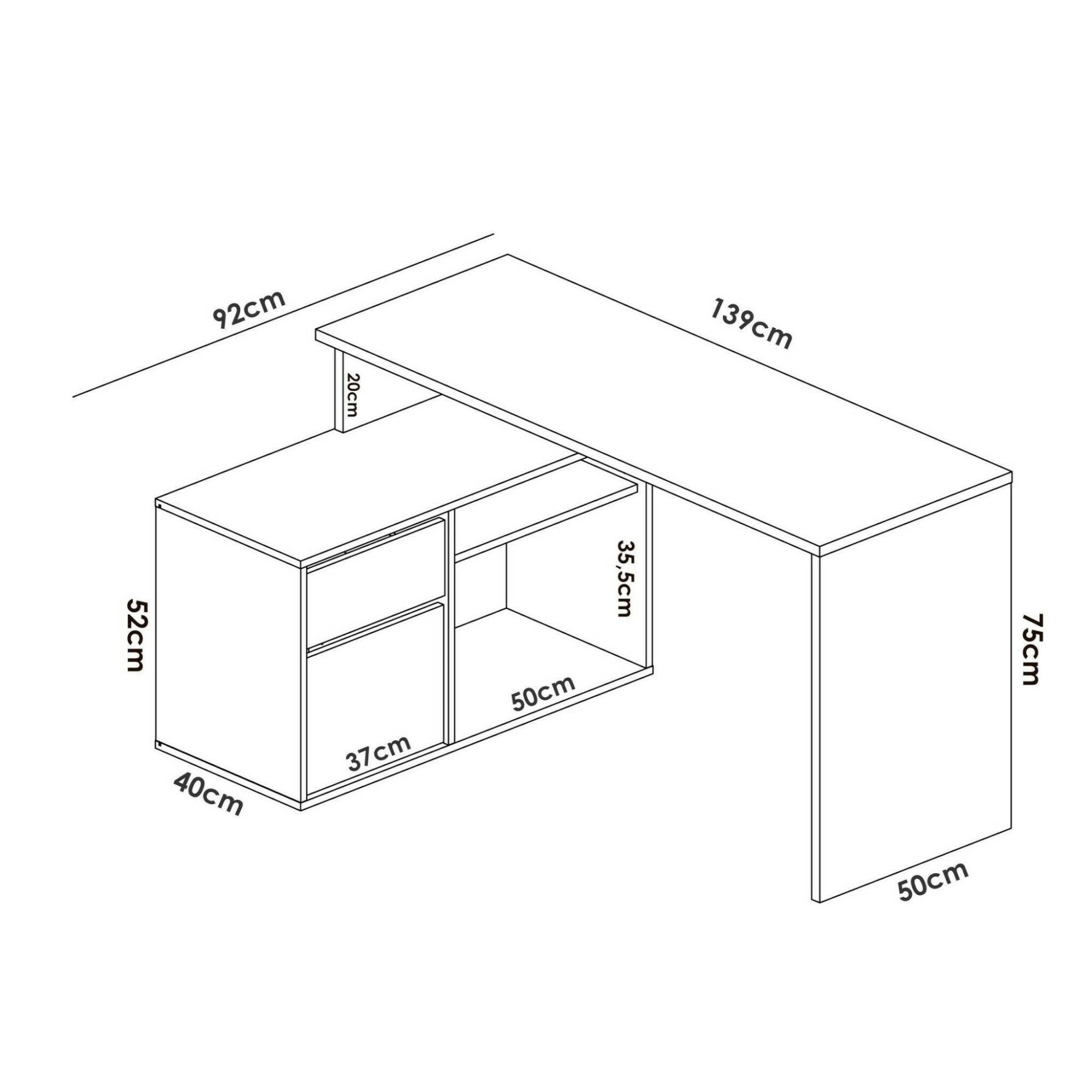 Scrivania Andor, Scrittoio multiposizione da ufficio o cameretta, Tavolo da studio angolare multiuso, 139x92h75 cm, Bianco e Rovere