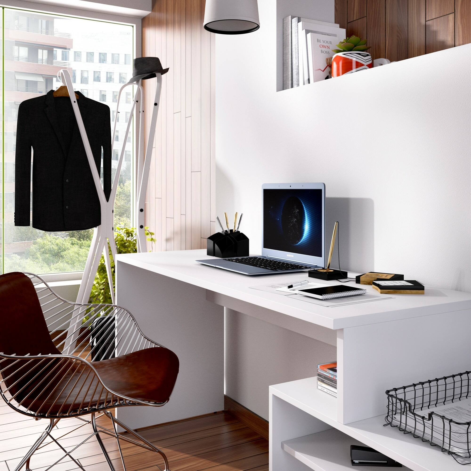 Scrivania Andor, Scrittoio multiposizione da ufficio o cameretta, Tavolo da studio angolare multiuso, 139x92h75 cm, Bianco