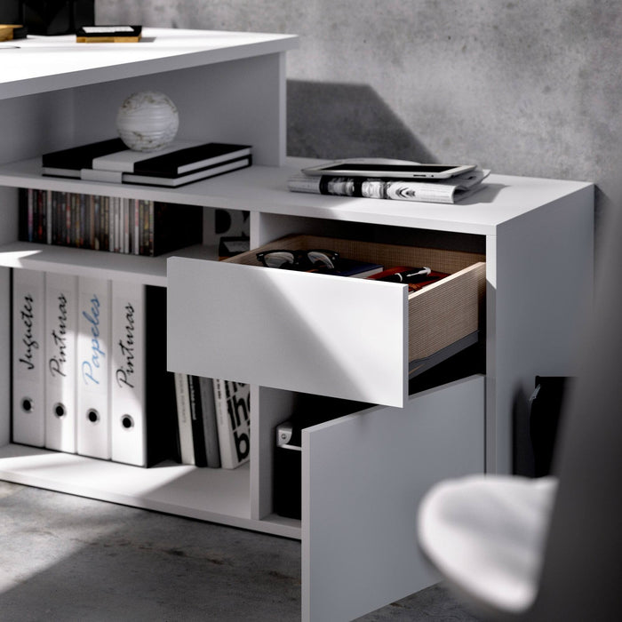 Scrivania Andor, Scrittoio multiposizione da ufficio o cameretta, Tavolo da studio angolare multiuso, 139x92h75 cm, Bianco