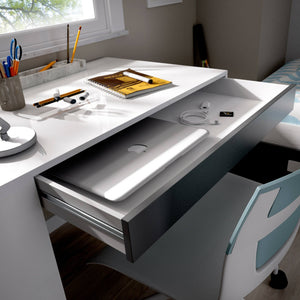 Scrivania Arianella, Scrittoio multiuso da ufficio o cameretta, Tavolo da studio lineare con scaffali, 115x50h74 cm, Bianco e Antracite