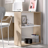 Scrivania Arianella, Scrittoio multiuso da ufficio o cameretta, Tavolo da studio lineare con scaffali, 115x50h74 cm, Rovere e Bianco