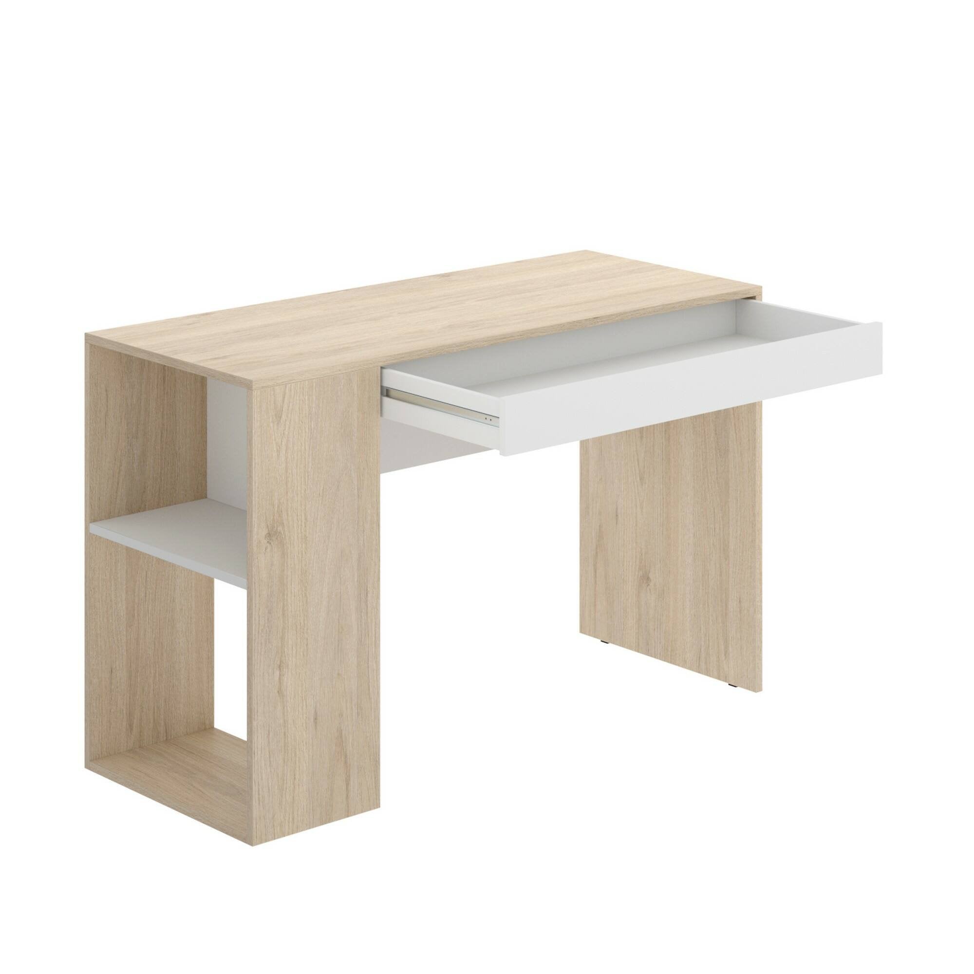 Scrivania Arianella, Scrittoio multiuso da ufficio o cameretta, Tavolo da studio lineare con scaffali, 115x50h74 cm, Rovere e Bianco