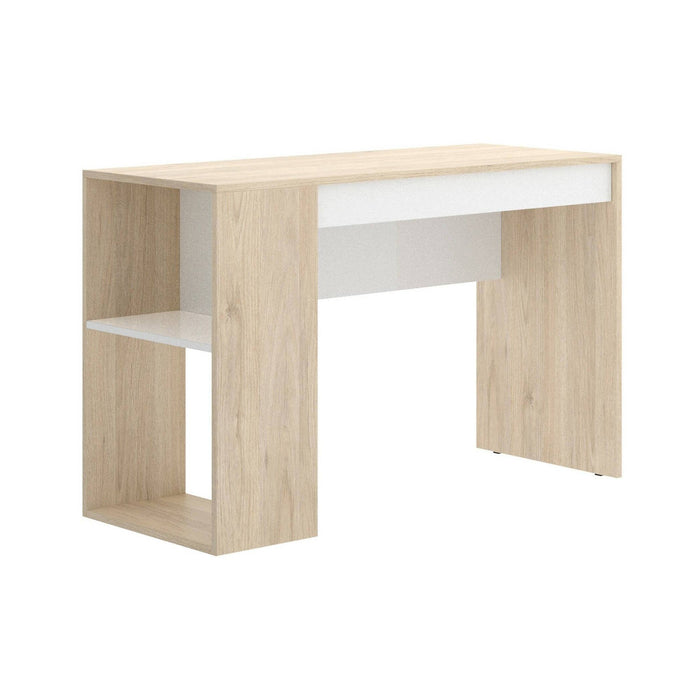 Scrivania Arianella, Scrittoio multiuso da ufficio o cameretta, Tavolo da studio lineare con scaffali, 115x50h74 cm, Rovere e Bianco
