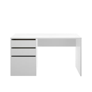 Scrivania Ardina, Scrittoio multiuso da ufficio o cameretta, Tavolo da studio lineare con 2 cassetti e 1 anta, 139x60h75 cm, Bianco
