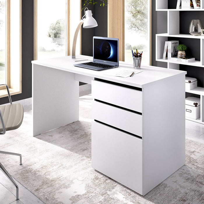 Scrivania Ardina, Scrittoio multiuso da ufficio o cameretta, Tavolo da studio lineare con 2 cassetti e 1 anta, 139x60h75 cm, Bianco