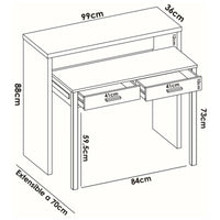 Scrivania Abarath, Scrittoio multiposizione con piano estraibile, Consolle da studio lineare con 2 cassetti, 99x70h88 cm, Bianco