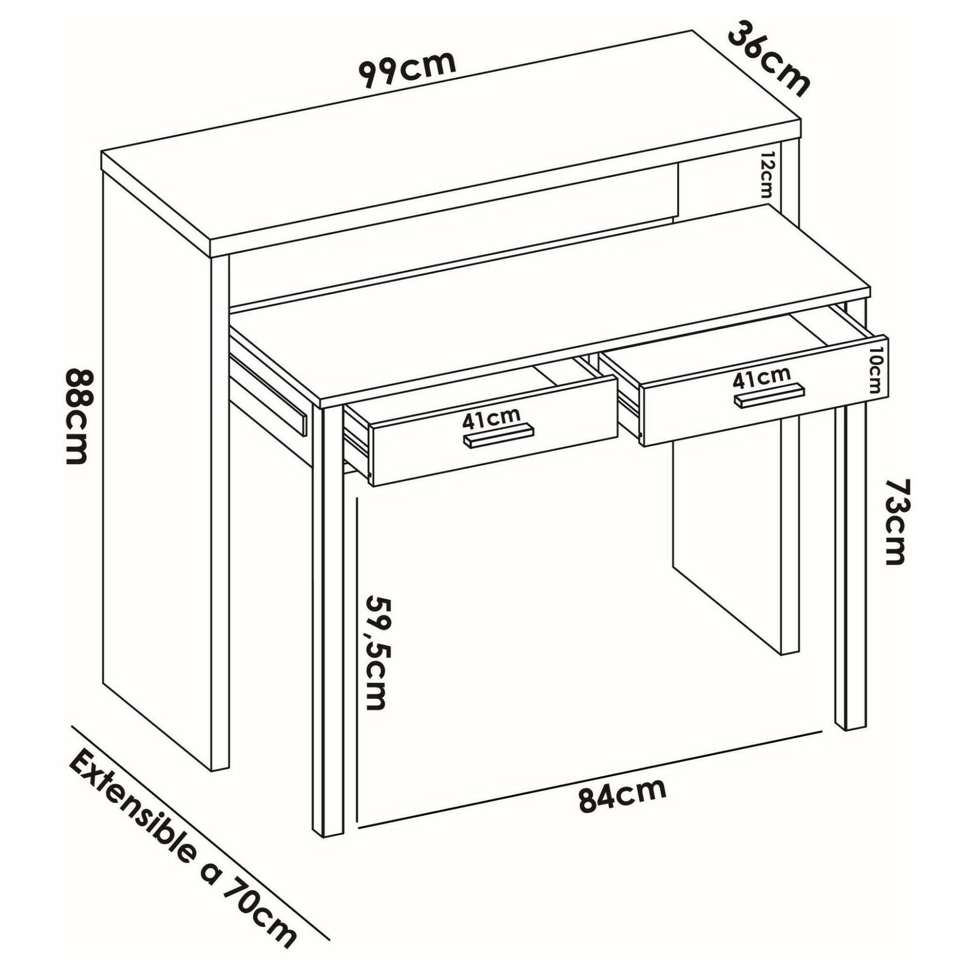 Scrivania Abarath, Scrittoio multiposizione con piano estraibile, Consolle da studio lineare con 2 cassetti, 99x70h88 cm, Bianco
