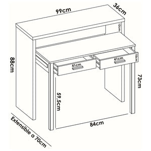 Scrivania Abarath, Scrittoio multiposizione con piano estraibile, Consolle da studio lineare con 2 cassetti, 99x70h88 cm, Bianco