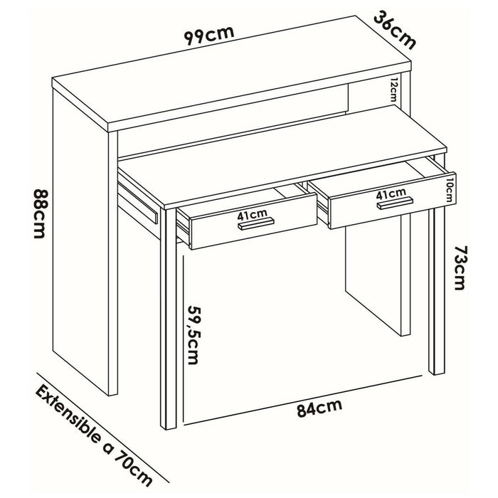 Scrivania Abarath, Scrittoio multiposizione con piano estraibile, Consolle da studio lineare con 2 cassetti, 99x70h88 cm, Bianco