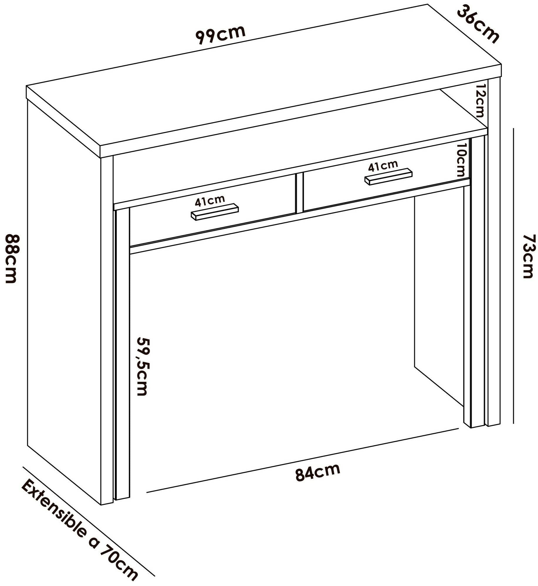 Scrivania Abarath, Scrittoio multiposizione con piano estraibile, Consolle da studio lineare con 2 cassetti, 99x70h88 cm, Bianco
