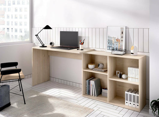 Scrivania Apricot, Scrittoio multiposizione da ufficio o cameretta, Tavolo da studio angolare con scaffali, 121x96h74 cm, Rovere