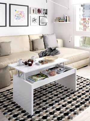 Tavolino da salotto Audi, Porta riviste da soggiorno con vano portaoggetti, Tavolo basso da caffÒ¨ elevabile, 102x50h43 cm, Bianco