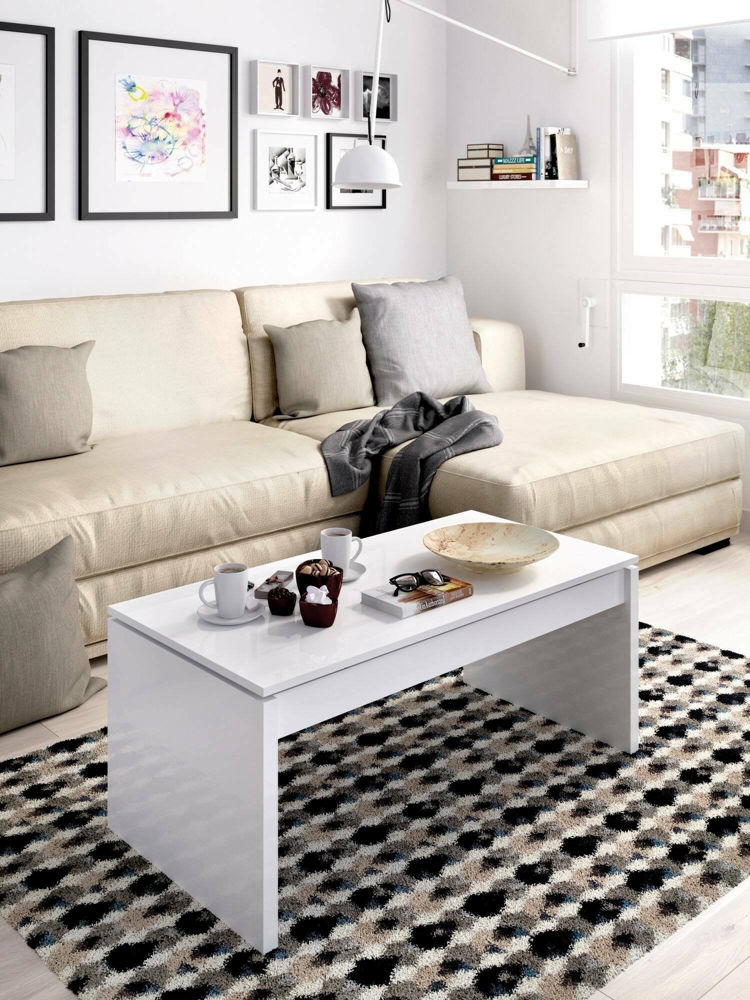 Tavolino da salotto Audi, Porta riviste da soggiorno con vano portaoggetti, Tavolo basso da caffÒ¨ elevabile, 102x50h43 cm, Bianco