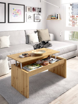 Tavolino da salotto Audi, Porta riviste da soggiorno con vano portaoggetti, Tavolo basso da caffÒ¨ elevabile, 102x50h43 cm, Rovere Nodi