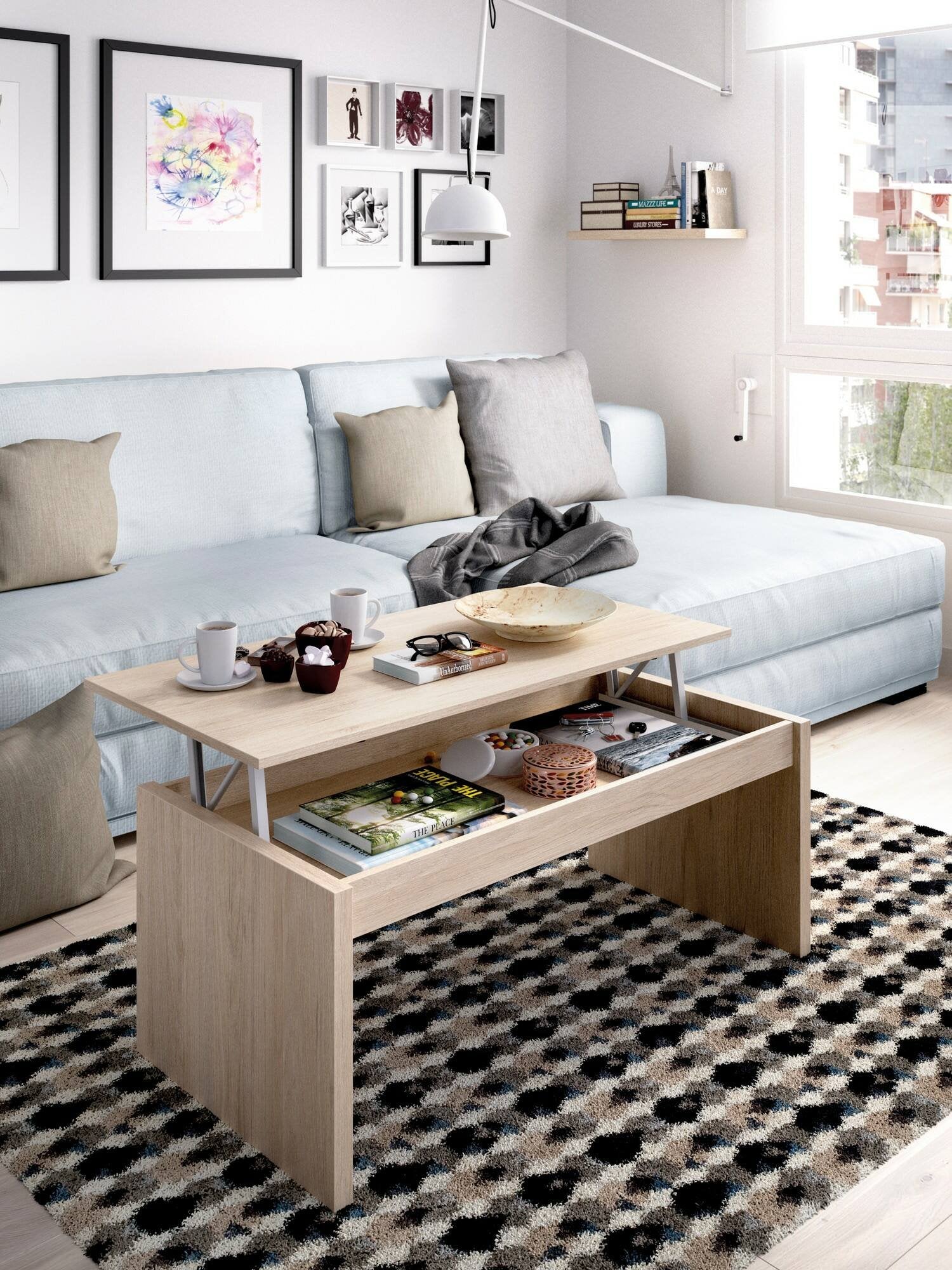 Tavolino da salotto Audi, Porta riviste da soggiorno con vano portaoggetti, Tavolo basso da caffÒ¨ elevabile, 102x50h43 cm, Rovere