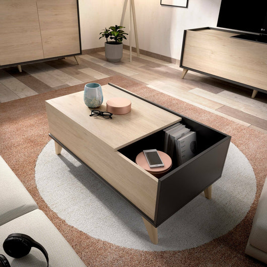 Tavolino da salotto Alexius, Porta riviste da soggiorno con vano portaoggetti, Tavolo basso da caffÒ¨ elevabile, 99x60h41 cm, Antracite e Rovere