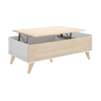 Tavolino da salotto Alexius, Porta riviste da soggiorno con vano portaoggetti, Tavolo basso da caffÒ¨ elevabile, 99x60h41 cm, Rovere e Bianco