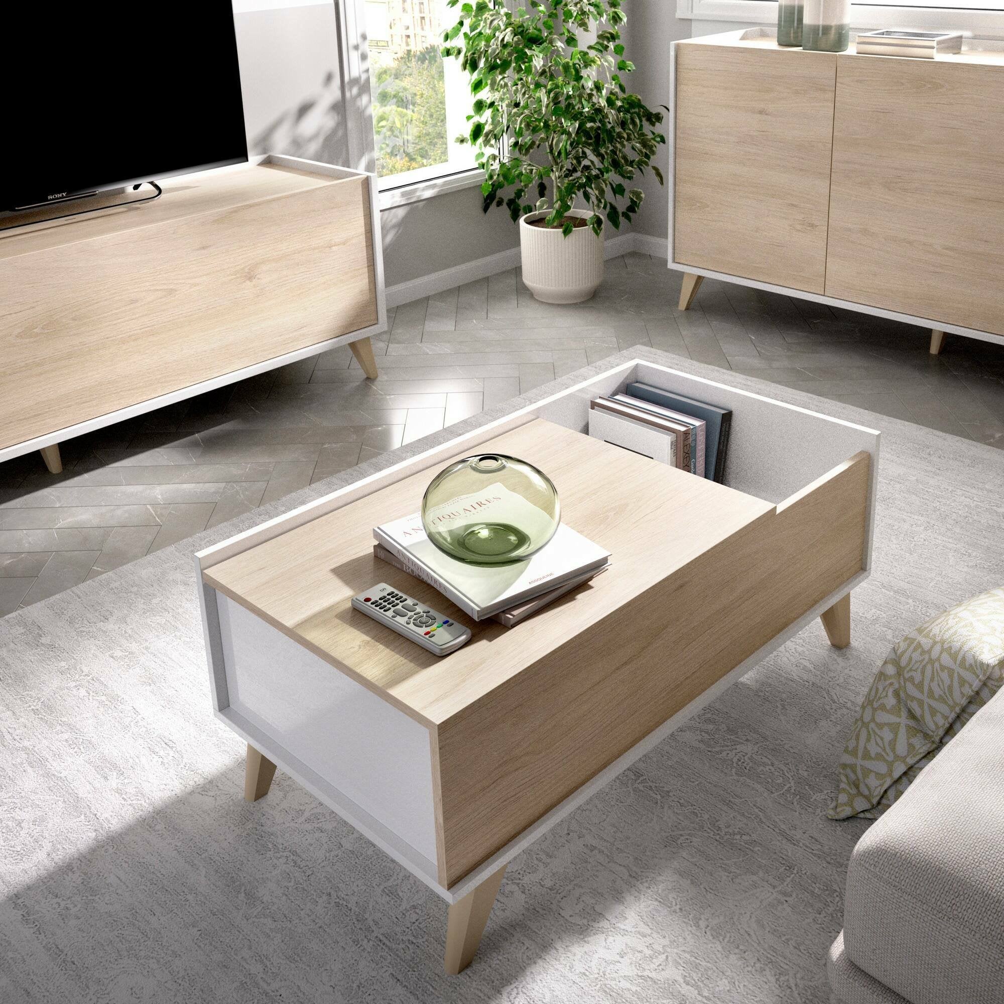 Tavolino da salotto Alexius, Porta riviste da soggiorno con vano portaoggetti, Tavolo basso da caffÒ¨ elevabile, 99x60h41 cm, Rovere e Bianco