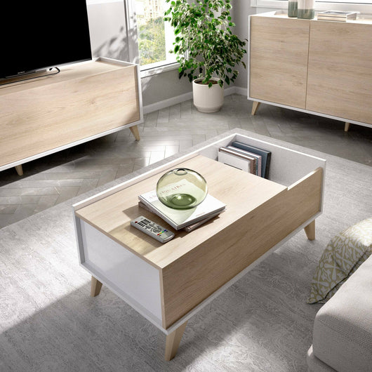 Tavolino da salotto Alexius, Porta riviste da soggiorno con vano portaoggetti, Tavolo basso da caffÒ¨ elevabile, 99x60h41 cm, Rovere e Bianco