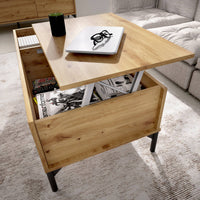 Tavolino da salotto Alexius, Porta riviste da soggiorno con vano portaoggetti, Tavolo basso da caffÒ¨ elevabile, 99x60h41 cm, Rovere Nodi