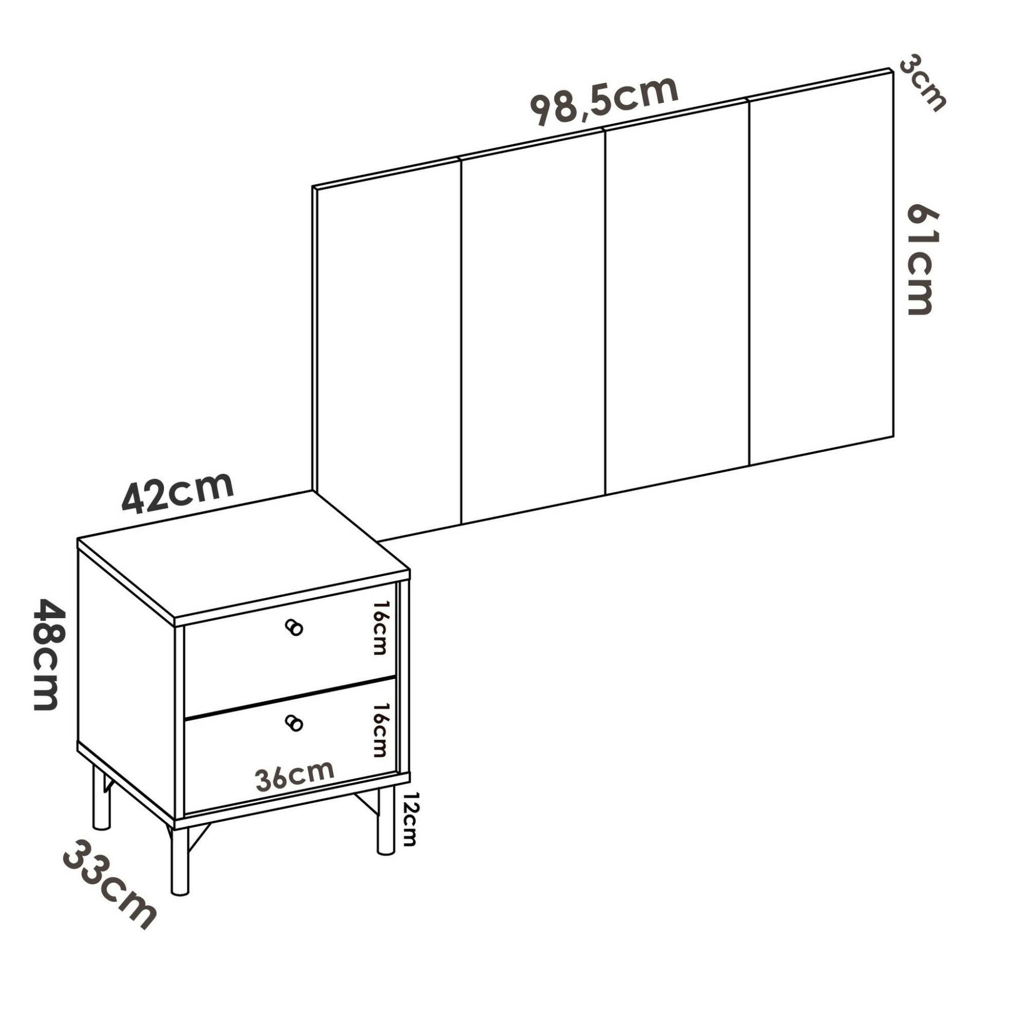 Testiera letto Lily, Spalliera letto per camera singola, Testata per letto singolo con 1 comodino, 99x3h61 cm, Rovere e Antracite