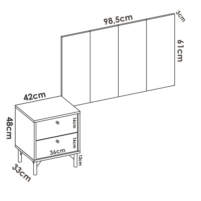 Testiera letto Lily, Spalliera letto per camera singola, Testata per letto singolo con 1 comodino, 99x3h61 cm, Rovere e Antracite