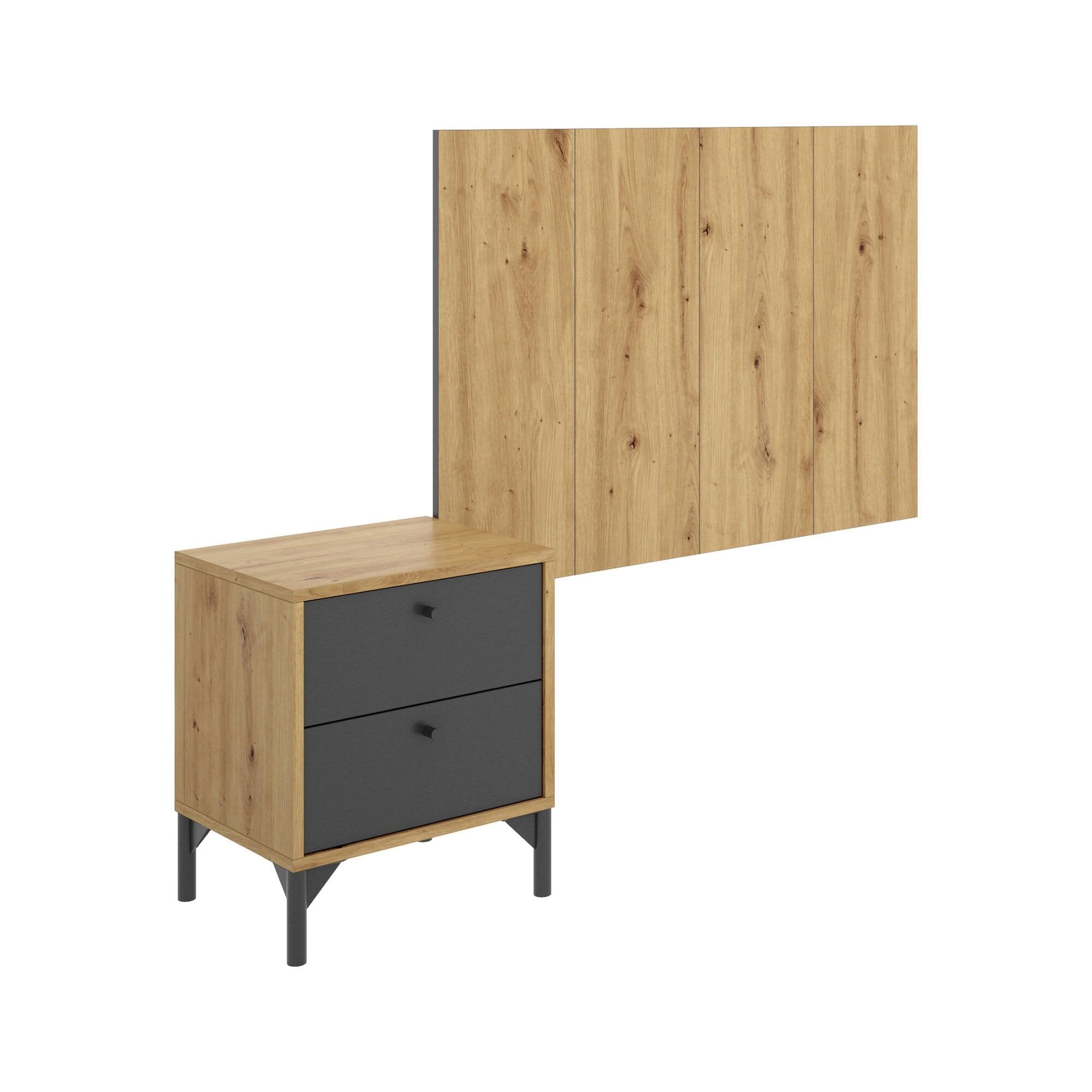 Testiera letto Lily, Spalliera letto per camera singola, Testata per letto singolo con 1 comodino, 99x3h61 cm, Rovere e Antracite