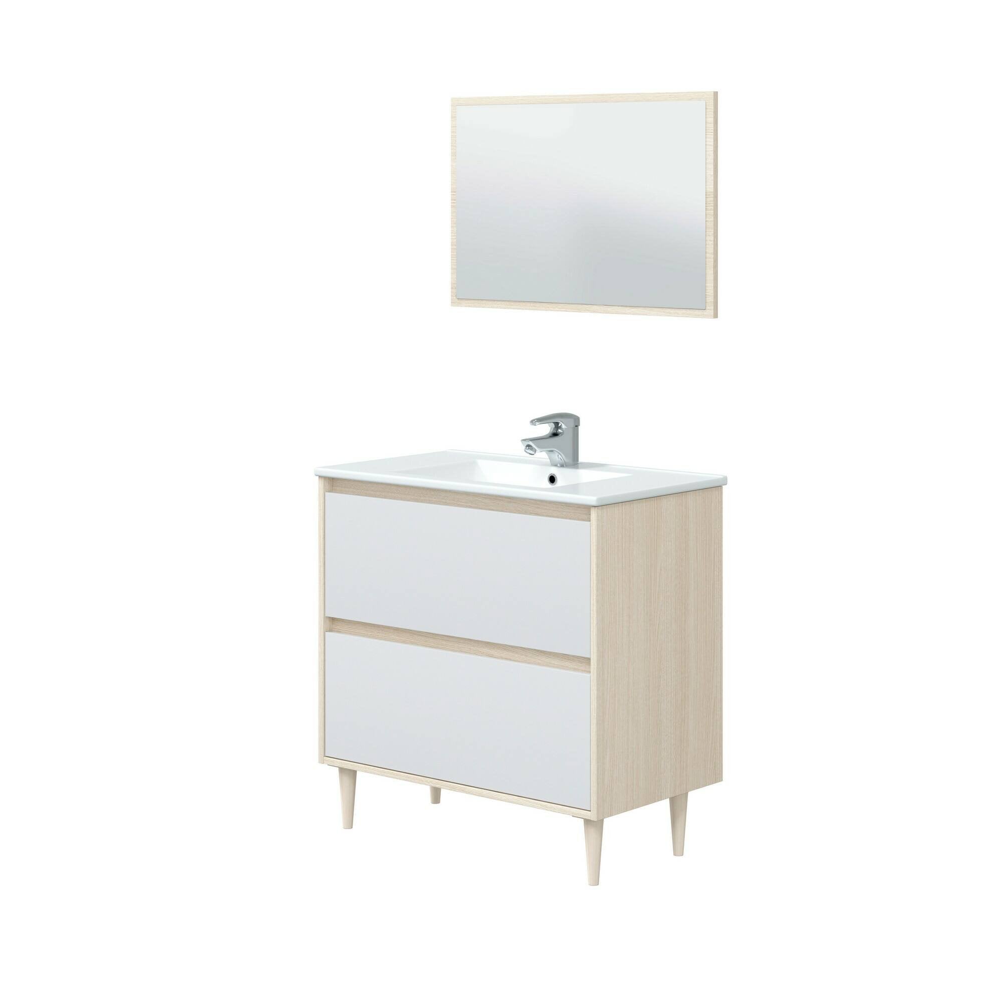 Mobile sottolavabo Berillo, Sotto lavabo bagno, Mobiletto da bagno con specchio, Lavabo non incluso, 80x45h80 cm, Bianco lucido e Rovere