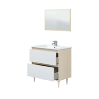 Mobile sottolavabo Berillo, Sotto lavabo bagno, Mobiletto da bagno con specchio, Lavabo non incluso, 80x45h80 cm, Bianco lucido e Rovere