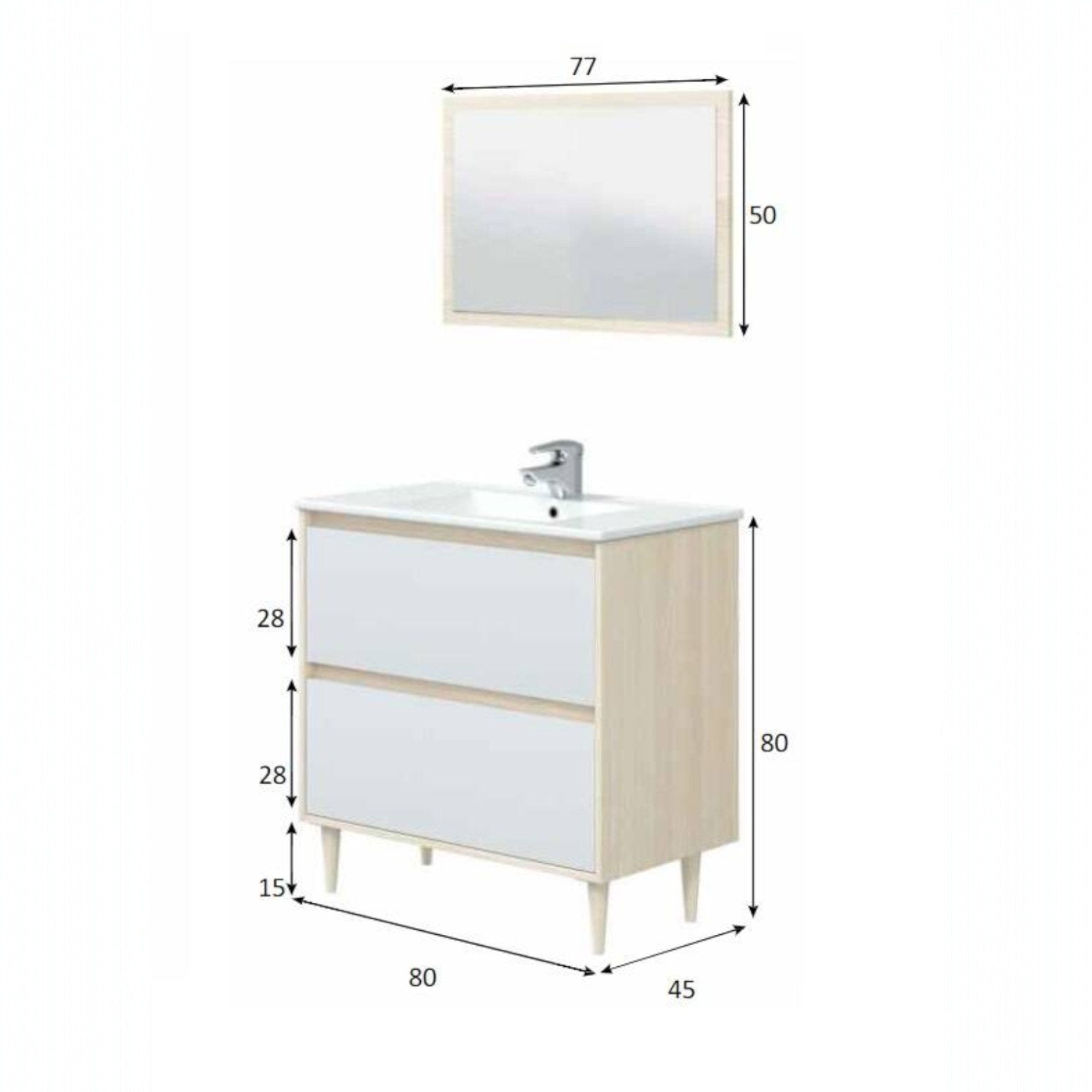 Mobile sottolavabo Berillo, Sotto lavabo bagno, Mobiletto da bagno con specchio, Lavabo non incluso, 80x45h80 cm, Bianco lucido e Rovere